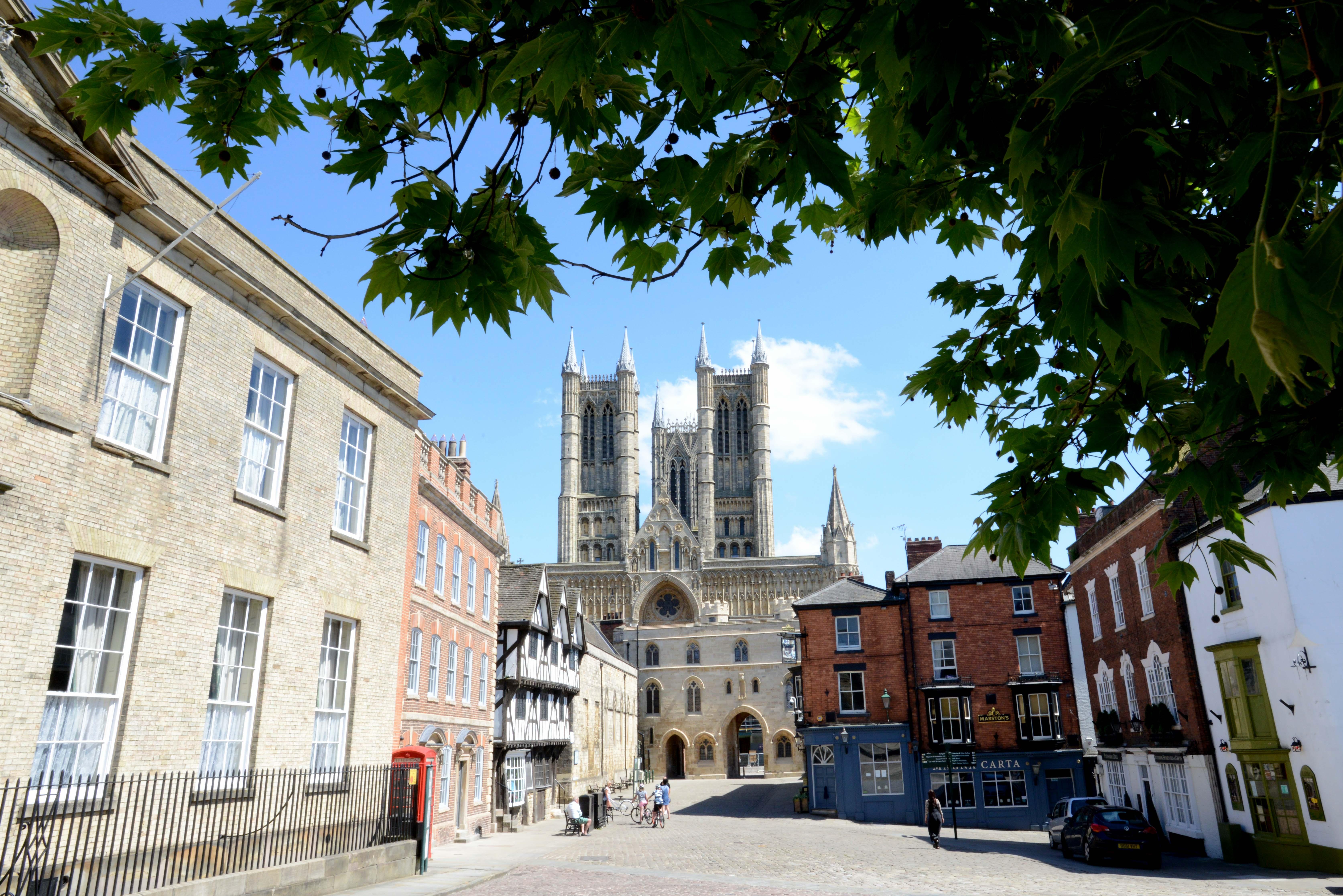 Looking at Castle Square in Lincoln with the Cathedral in the background on a sunny day.