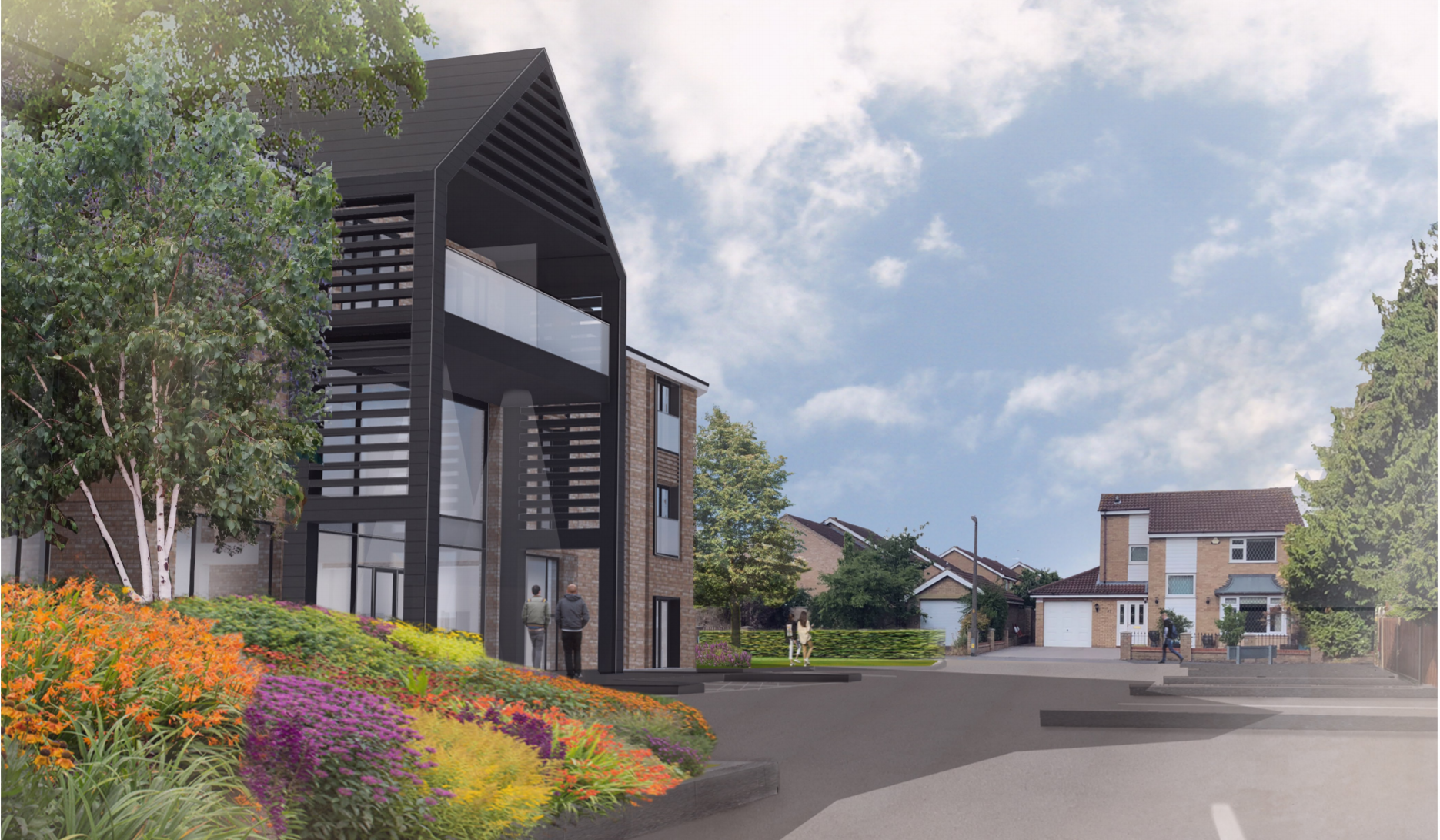 An artists impression of the development site which features a glass front to the property and modern architecture.