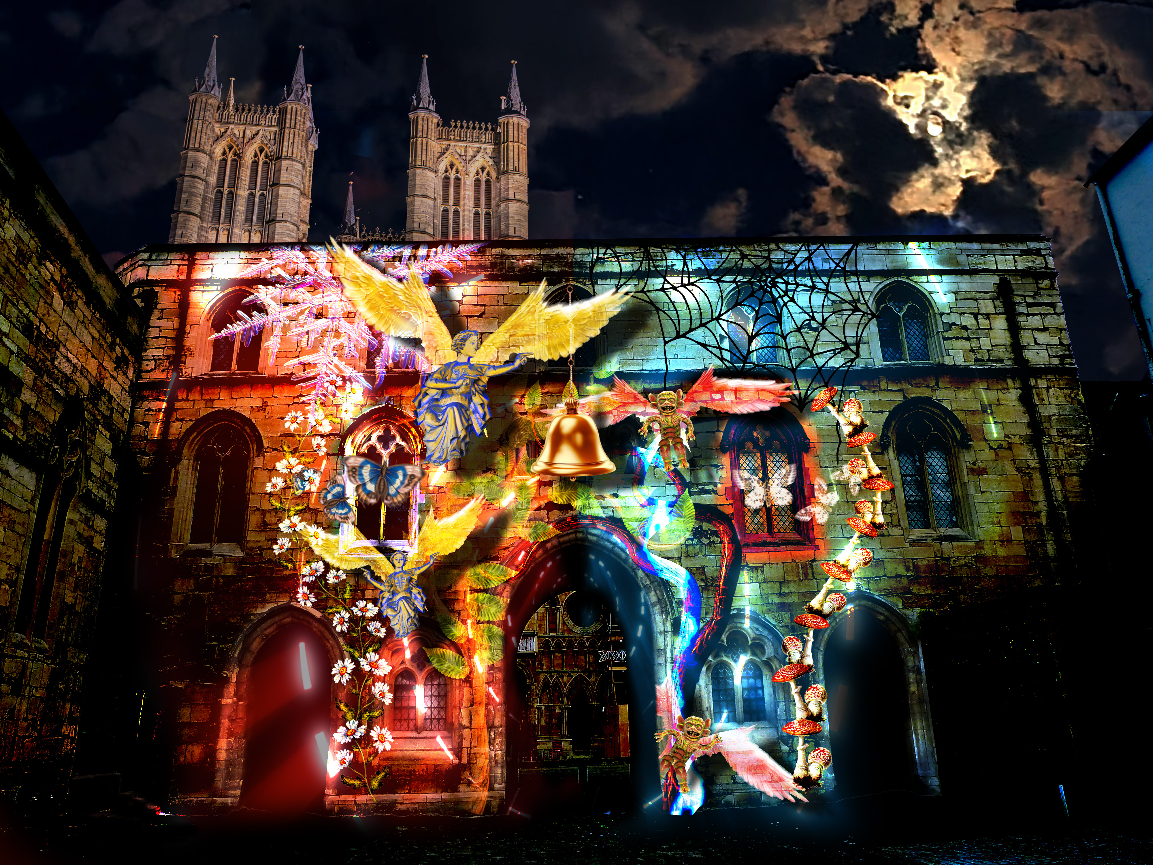 Lincoln Light&#039;s Angel and Demons light installation projected onto Exchequer Gate.