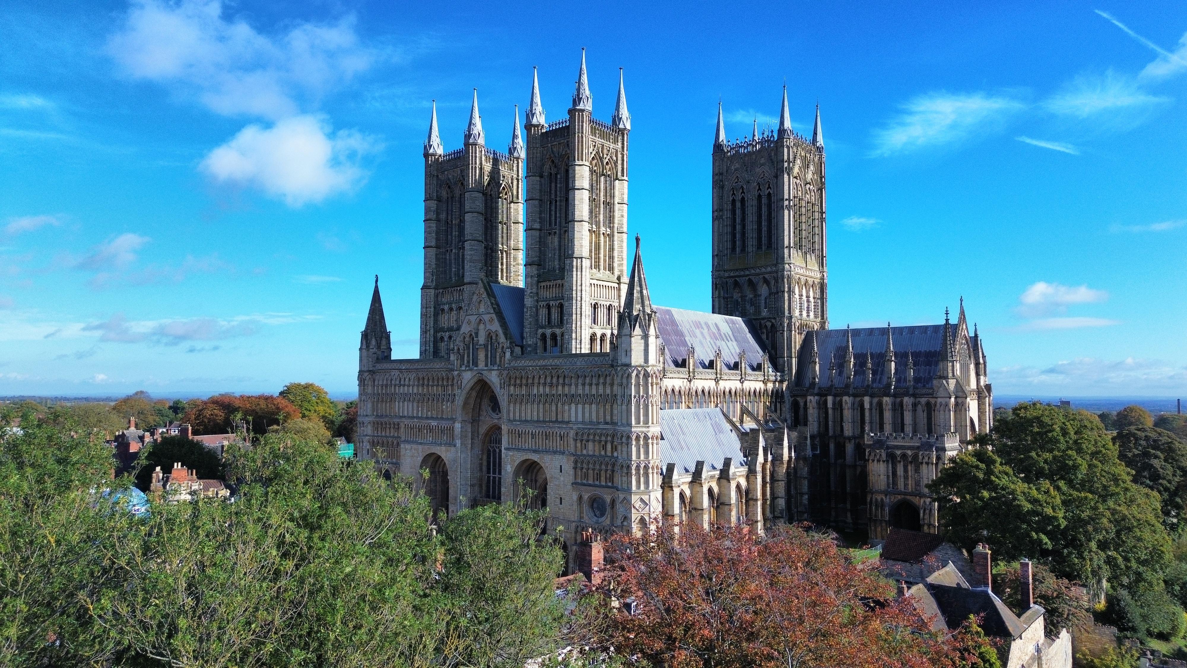 Lincoln Cathedral taken from a height, with the tops of trees in front and blue sky above.