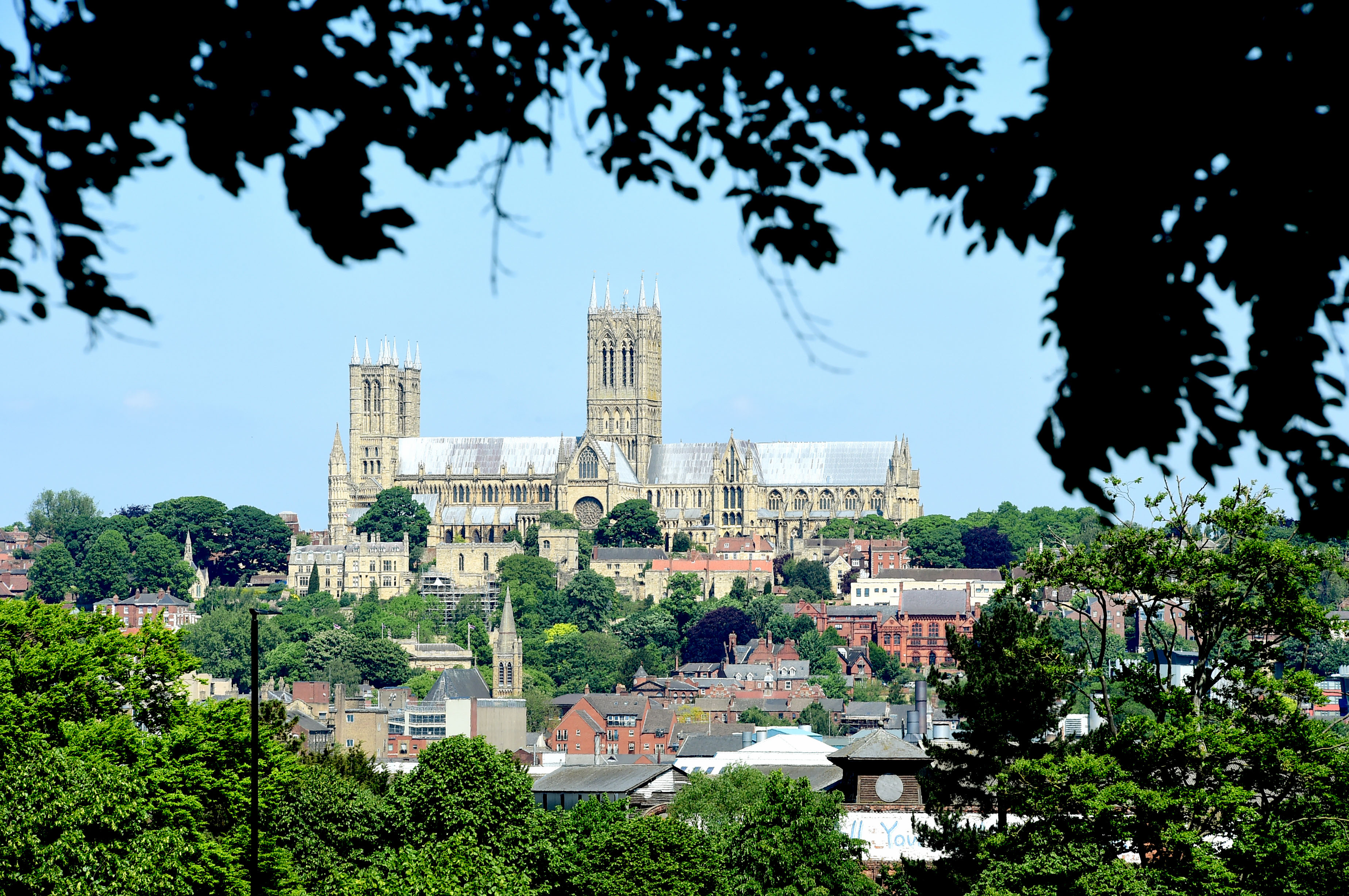 A scenic photo of Lincoln Cathedral with lots of greenery and trees around it.