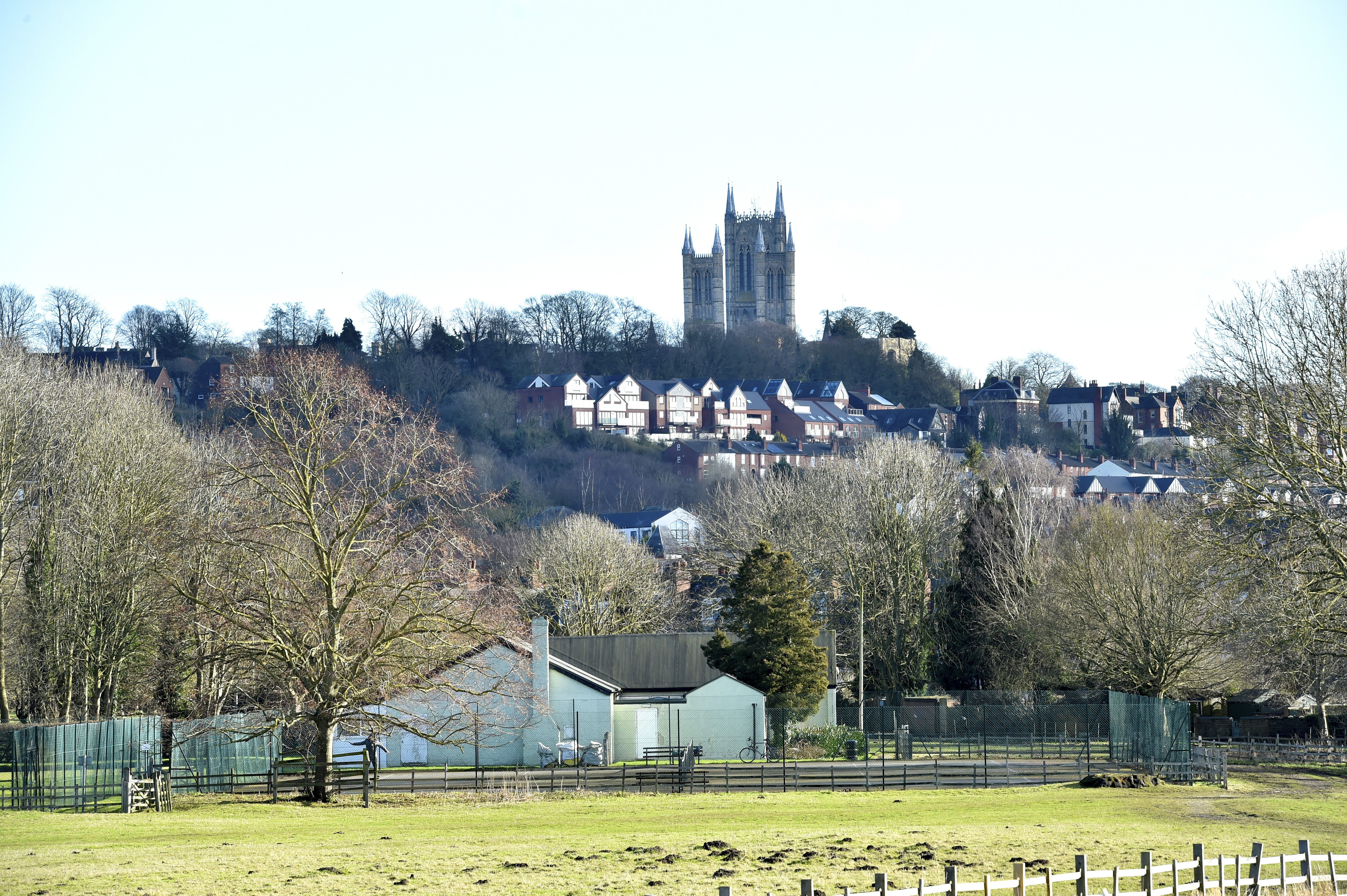 A photo taken of the cathedral behind houses from West Common.