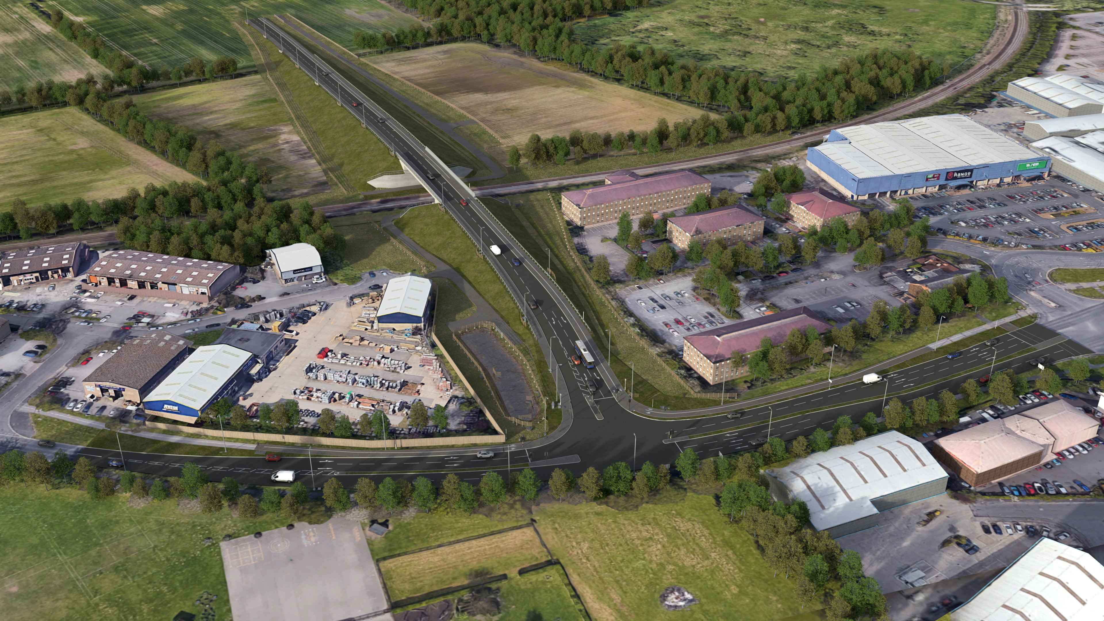 A CGI image to show the new bridge going over the railway tracks at the eastern access of Western Growth Corridor.