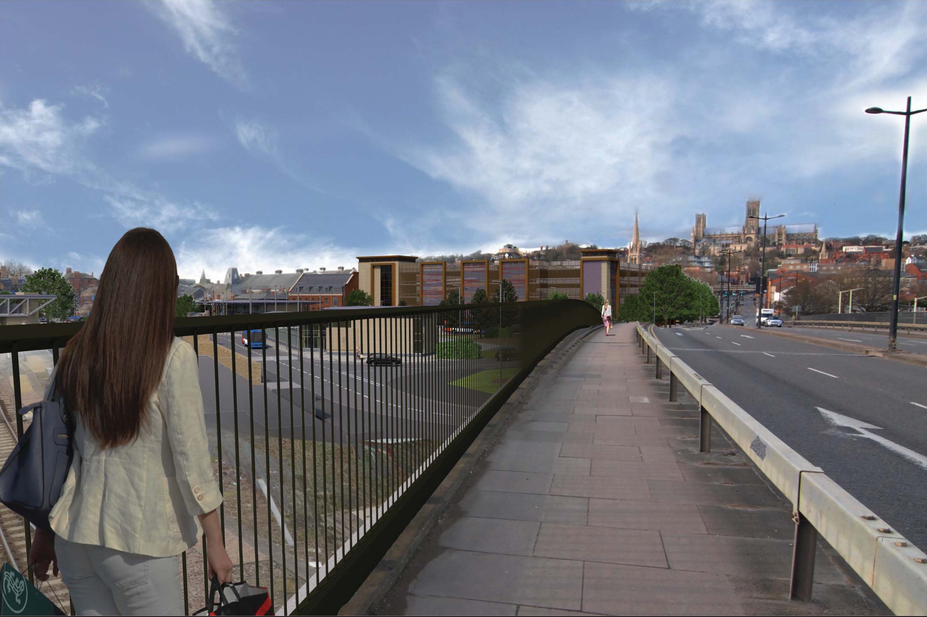 An image of the back of a woman walking over Pelham Bridge in Lincoln